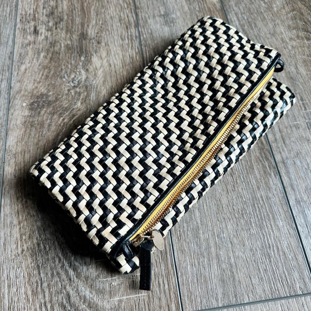 Clare V Foldover Clutch w/ Tabs, Black and Cream Zig Zag Woven Leather